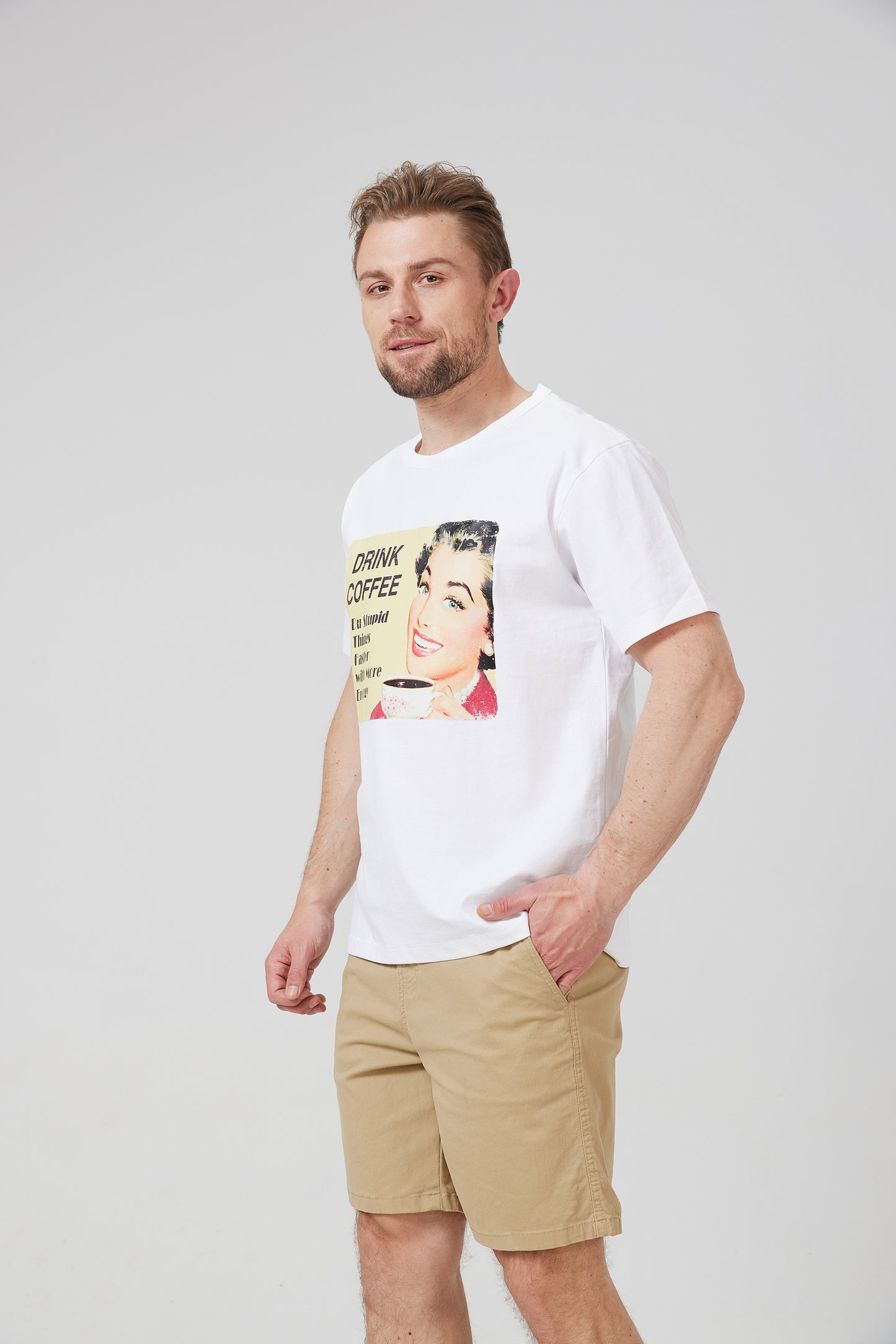 Drink Coffee Do Stupid Things Faster with More Energy - Printed White Cotton T-shirt