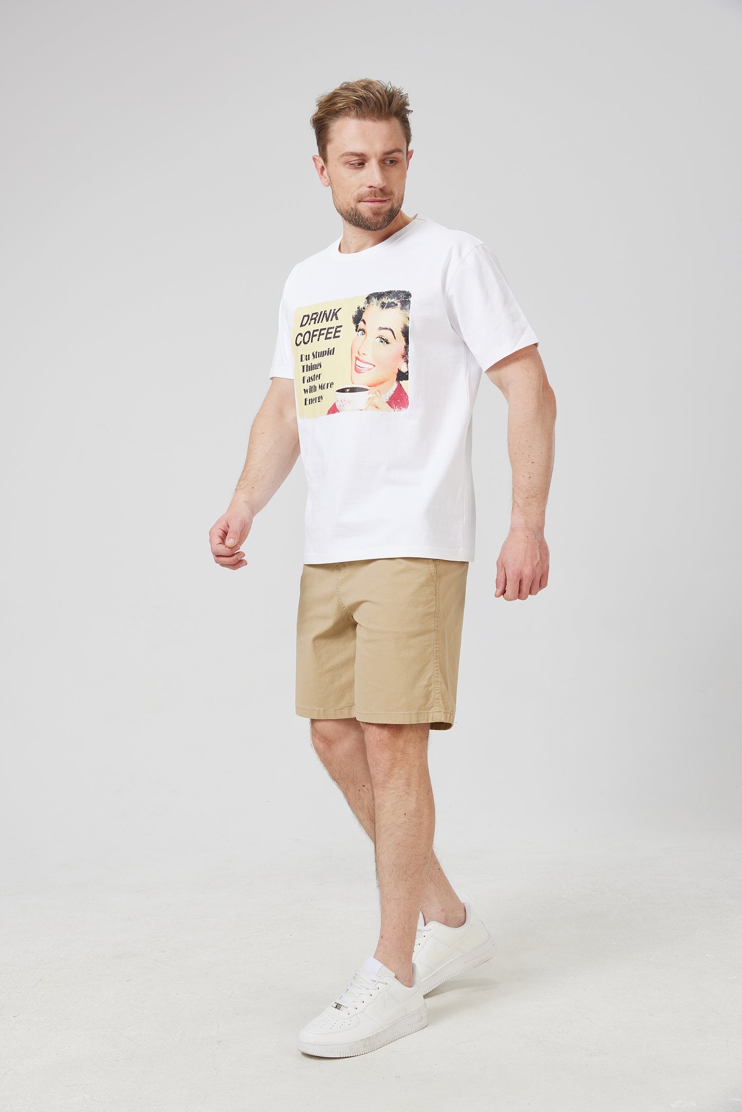 Drink Coffee Do Stupid Things Faster with More Energy - Printed White Cotton T-shirt