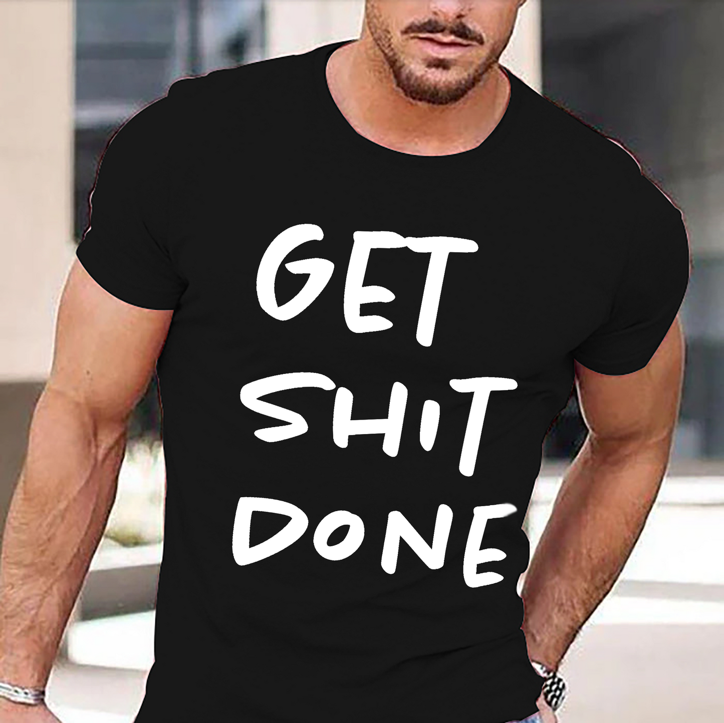 Black Cotton Tshirt with Get Shit Done Text Print on A Male Model